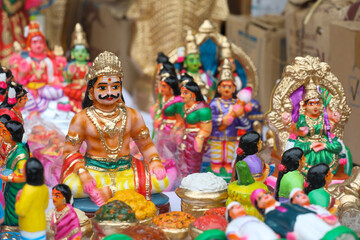 Fototapeta premium Ghatotkacha idol displayed for sale in a shop for the golu festival