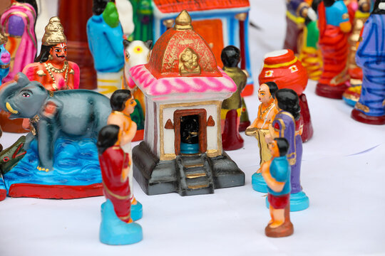 Ganapathy temple and family devotees idols are displayed for sale in a shop for the golu festival