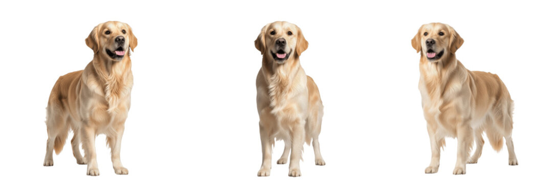 Set and collection of golden retriever dogs standing in different angles isolated on white transparent png background