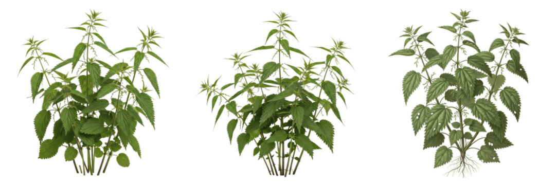 Set and collection of fresh green stinging nettle plants growing in clusters isolated on white transparent png background