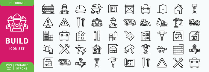 Construction or build line editable icon set. Contain icons related to build, construction, building, architecture, worker, and more. Editable stroke. Vector illustration © Abu Sufian