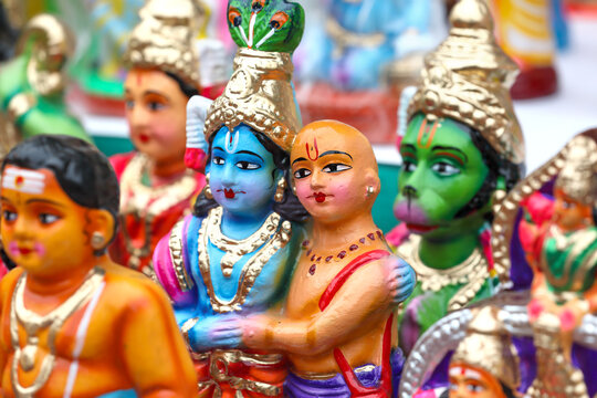 Lord Krishna with Kuchela idols displayed for sale in a shop for the golu festival
