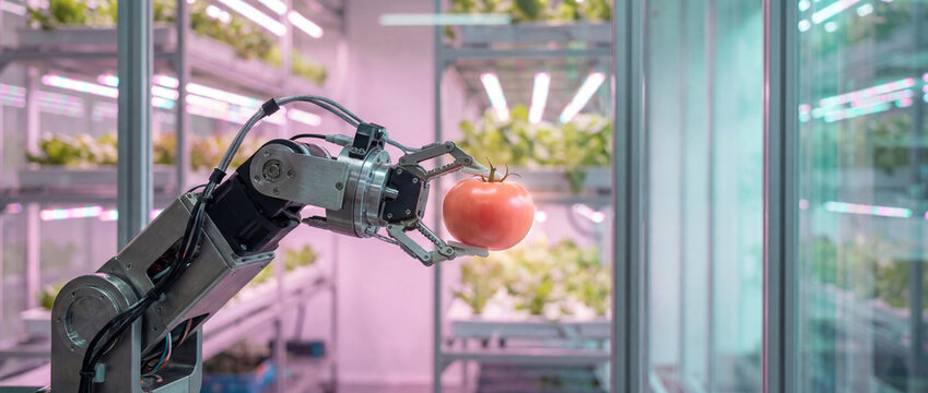 Robotic Arm Harvesting Ripe Tomato in Futuristic Vertical Hydroponic Farm
