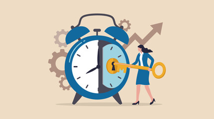 Fototapeta premium Concept of time management and productivity with a businesswoman unlocking a giant alarm clock using a golden key, symbolizing efficiency, strategic planning, and career growth in business.