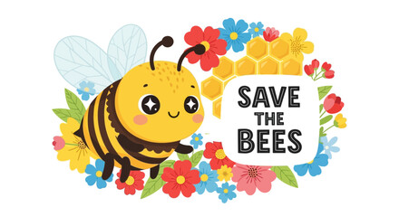 A cartoon bee surrounded by flowers with a 'Save the Bees' message, illustrated in a vibrant, colorful style