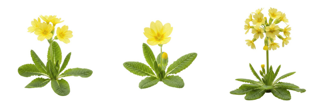Bunga Primula kuning mekar dengan daun hijau dalam berbagai fase pertumbuhan, terisolasi pada latar belakang putih.