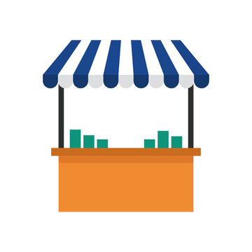 Food display stall with blue and white canopy and green shelves for retail market illustration.