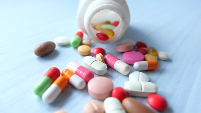 Close up shot of colorful pills and capsules spilling from an open white bottle onto a blue surface