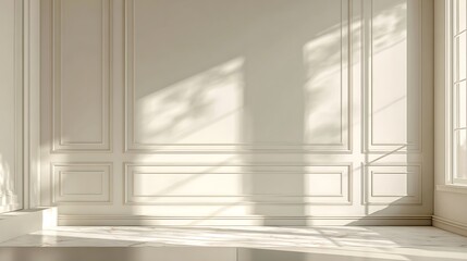 Fototapeta premium Elegant Off-White Wall with Rectangular Shadow Pattern, Calm Luxury Aesthetic and Spacious Minimal Layout