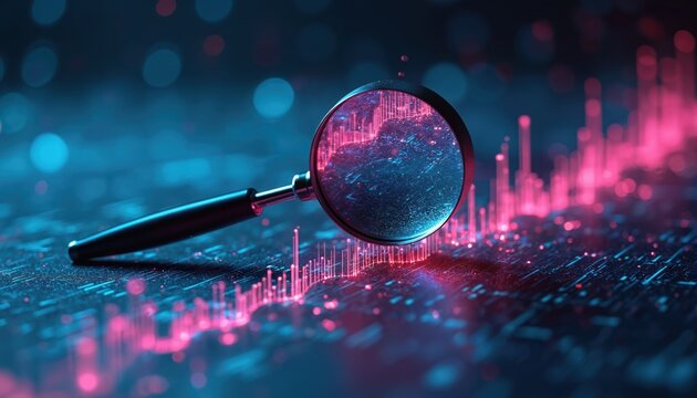 Magnifying glass examines glowing digital data streams and bar graphs. Neon blue and pink lights show abstract tech analysis and information research. Computer screen data.