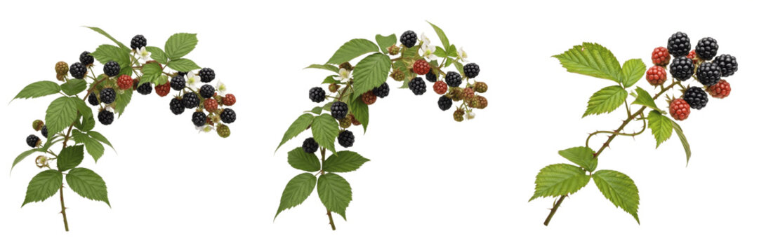 Isolated fresh blackberry branches set with ripe black berries and leaves on transparent PNG background