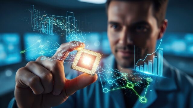 A man in a lab coat holding a computer chip with a glowing light on it.