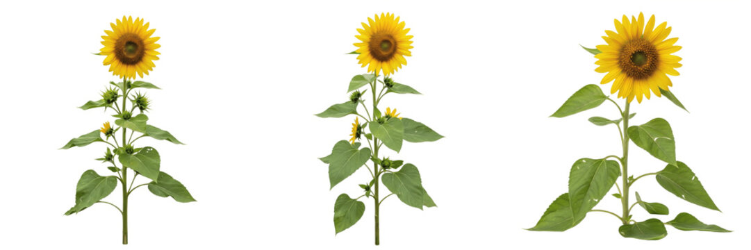 Title: Isolated yellow sunflower plants with green leaves on a transparent PNG background