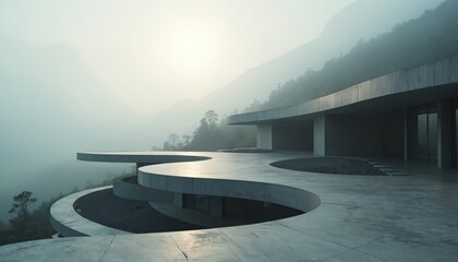 Fototapeta premium Modern concrete building with flowing curves sits on misty mountain slope. Sleek architecture design offers scenic nature view. Minimalist structure blends with rugged terrain. Futuristic elegant