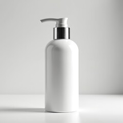 White cosmetic pump bottle with silver accents on plain background. Dispenser for lotion, cream, gel or serum. Minimalist clean container for beauty products.
