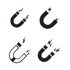 Magnet icon set of horseshoe magnets with magnetic power symbols and lightning sparks isolated on white background.