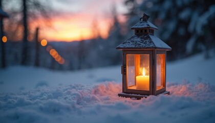 Wooden lantern with burning candle rests in snow at dusk. Warm light contrasts cold winter landscape with soft sunset glow. Peaceful scene, outdoor setting.