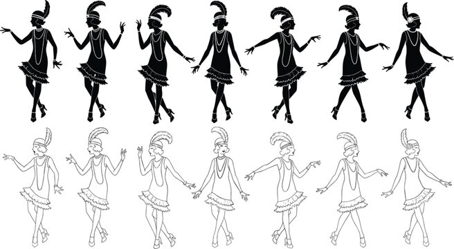 Flapper dancer silhouettes, 1920s fashion icons, vintage dance poses, retro women illustration, feather headband, fringe dress, beaded necklace, jazz age