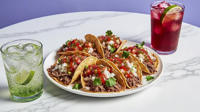 Beef Barbacoa Tacos with Fresh Pico de Gallo and Hibiscus Iced Drink. appetizing close-up of six soft corn tacos filled with tender, slow-cooked shredded beef barbacoa