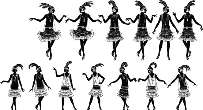 Flapper silhouettes, 1920s fashion icons, jazz age dancers, vintage women illustration, feather headband, fringe dress, beaded necklace, retro dance poses