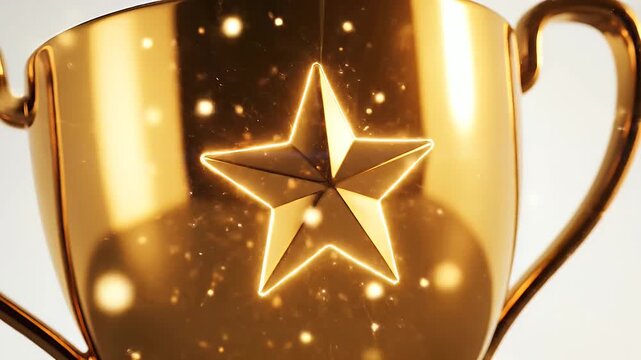 Shiny golden trophy cup gleaming in bright sunlight with a prominent star emblem