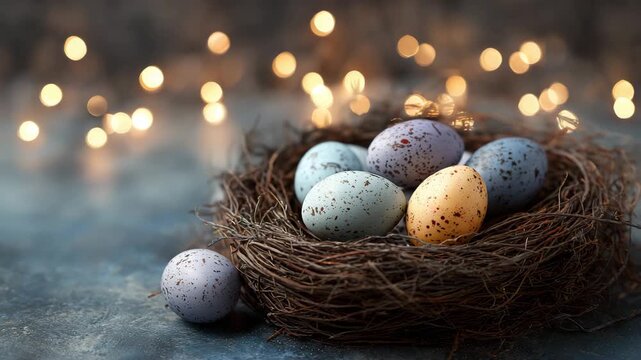 A video showcasing a beautifully arranged nest filled with colorful Easter eggs on a dark surface with warm bokeh lights in the background.