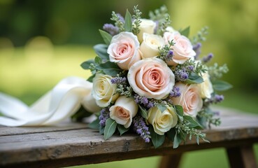 Wedding bouquet with pale pink and cream roses rests on rustic wooden bench. Delicate floral arrangement with satin ribbon for bridal event.