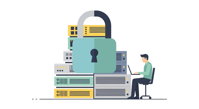 Man working on computer with secure server and padlock.