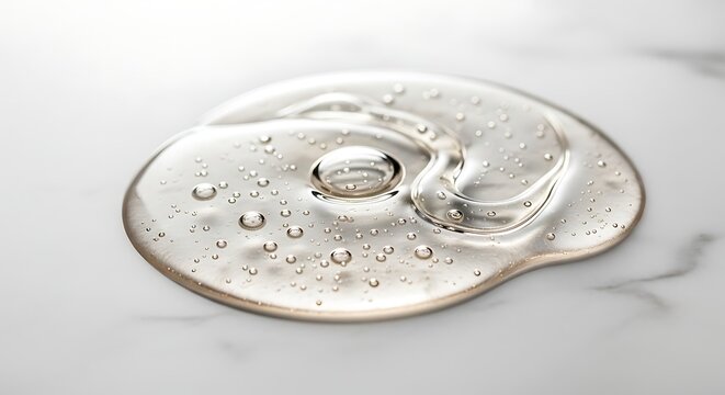 Transparent Cosmetic Gel Drop with Air Bubbles on White Marble. Close-up of Viscous Skincare Serum, Hyaluronic Acid, or Hand Sanitizer Texture. Bea...