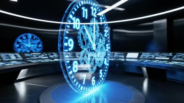 A futuristic digital clock with glowing blue numbers and gears superimposed on a dark background with neon accents suggesting advanced technology