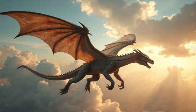Majestic fantasy dragon soars through sky amidst clouds and sunlight rays. Creature with large wings flies over scenic landscape, mythical beast in aerial flight.