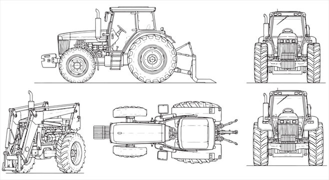 Tractor Blueprint Design &ndash; Agricultural Vehicle CAD Engineering Technical Drawing