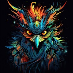 Obraz premium Vibrant Fiery Eyed Owl Portrait in Neon Abstract Colors and Fantasy