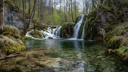 Fototapeta premium Plitvice Lakes Waterfall Cascade - Lush Green Moss, Clear Water, Serene Forest Scene.