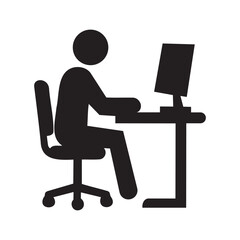 Fototapeta premium Man Working on Computer Icon, Businessman Sitting at Desk Silhouette.