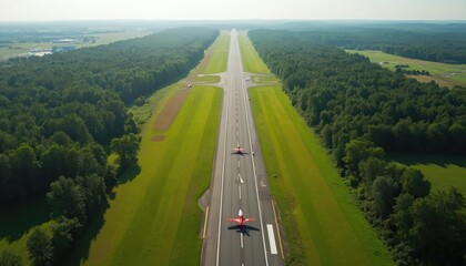 Naklejka premium Aerial view of long airport runway with two small red planes positioned on tarmac. Green forest surrounds airfield, open fields visible beyond. Transportation hub for aviation travel.