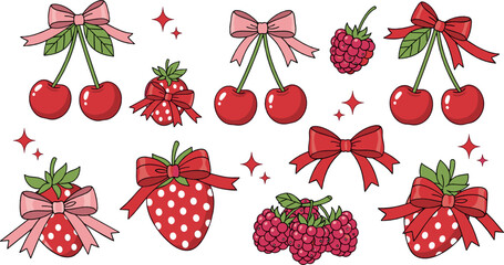 Cute cherries and strawberries with bows set – kawaii berry and fruit illustration © Yevhenii creative