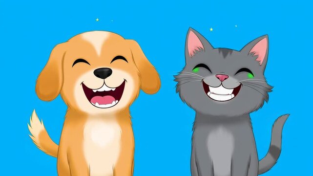 Happy Animated Puppy and Kitten Laughing on a Bright Blue Background.