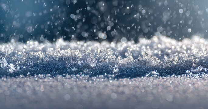 Close-up macro de cristais de gelo brilhantes e flocos de neve caindo em um fundo azul frio.