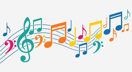 Colorful musical notes and symbols on a light background © Juli