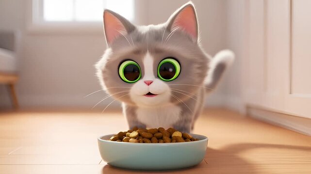Animated kitten with prominent green eyes preparing to eat kibble from a light blue bowl indoors on a wooden floor.