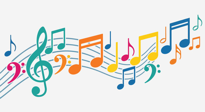 Colorful musical notes and symbols on a light background