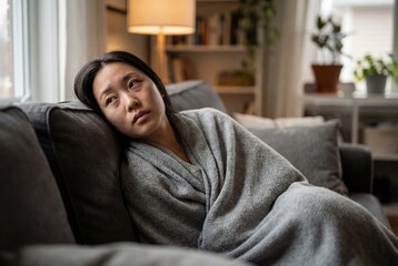 Obraz premium Depressed asian woman sitting on sofa under blanket