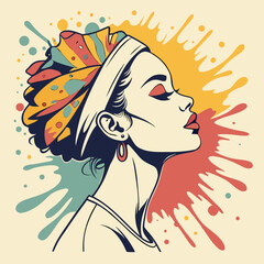 Stylish woman profile portrait with vibrant colorful paint splatters and bold makeup, expressive and artistic illustration © KHUKUMONI