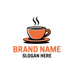 Steaming orange coffee cup logo design for hot beverage brand identity.