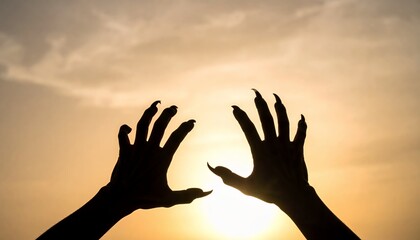 Silhueta de m&atilde;os com garras longas estendidas contra um p&ocirc;r do sol ou nascer do sol dram&aacute;tico no c&eacute;u.
