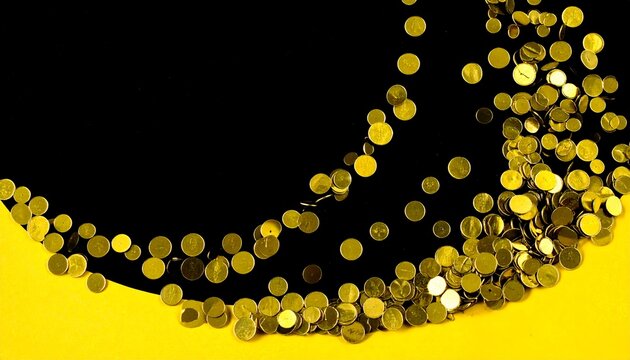 Moedas douradas caindo em fundo preto e amarelo criando um efeito abstrato de riqueza e prosperidade.