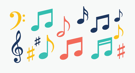 Colorful musical notes and symbols on a white background, flat design © Juli