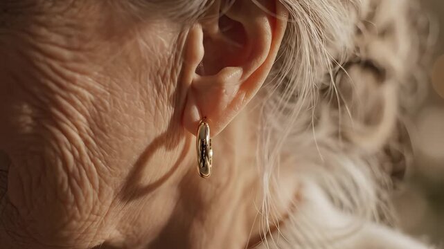 Closeup of elderly womans ear with gold earring