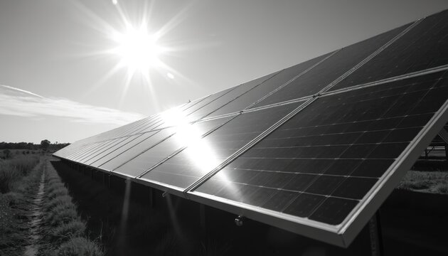 Expansive solar panel array basks under bright sun. Rows of photovoltaic modules capture clean solar power in wide open grassy field. Eco friendly energy generation infrastructure for future